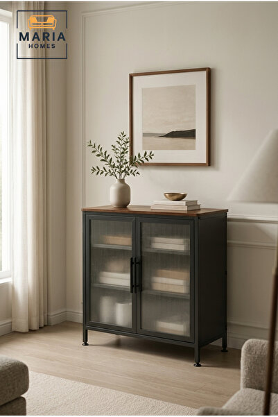 MARIA HOMES Industrial Metal Storage Cabinet with Fluted Glass Doors – Modern...