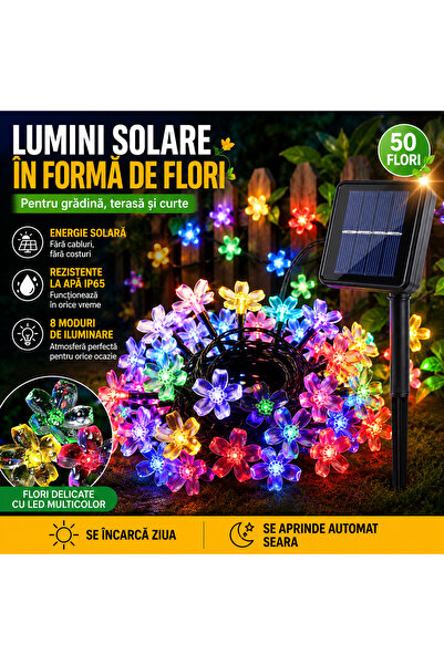 OricareFain Ghirlanda luminoasa solara decorativa, Incarcare solara, 50 flori...