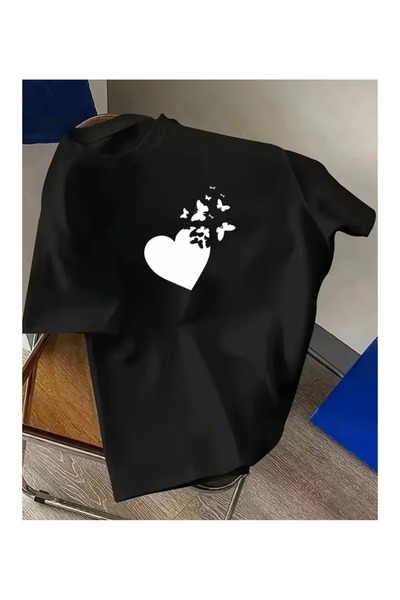 Massgai Tricou oversize unisex cu imprimeu fluturi și inimă, 100% bumbac