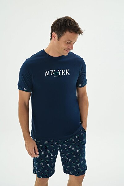 Sevim Men's Short Sleeve Navy Blue Pajama Set with Shorts C4T9N69