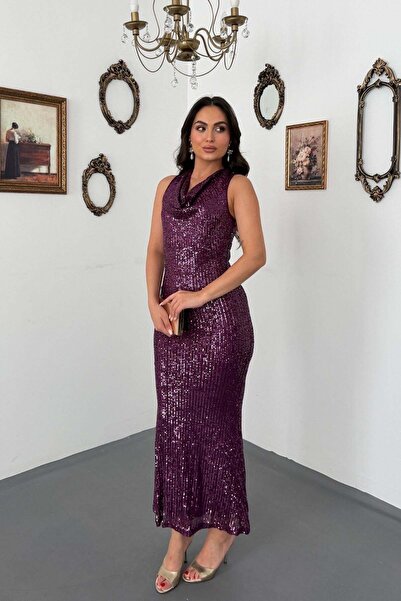Elbee Fashion Woman Purple Sparkling Strappy Long Dress