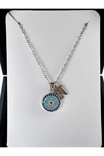 bijoux uniques Nazar boncuğu detaylı N harfli çelik kolye