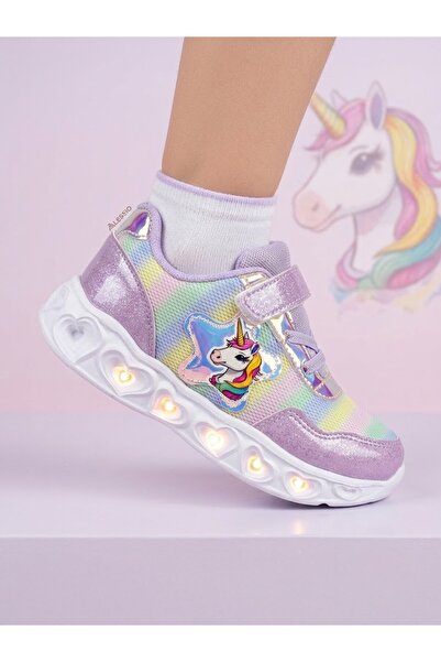 Papuctime Kız Çocuk Işıklı Unicorn Desenli Cırtlı Sneaker Gökkuşağı Spor Ayak...