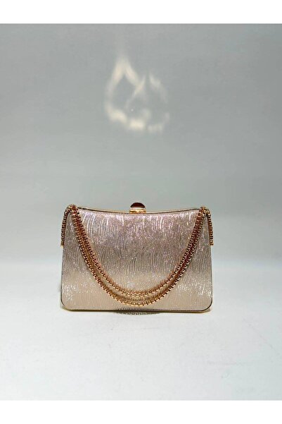 womenacs Gold Color Wavy Material Design Evening Dress Clutch Chain Strap Han...