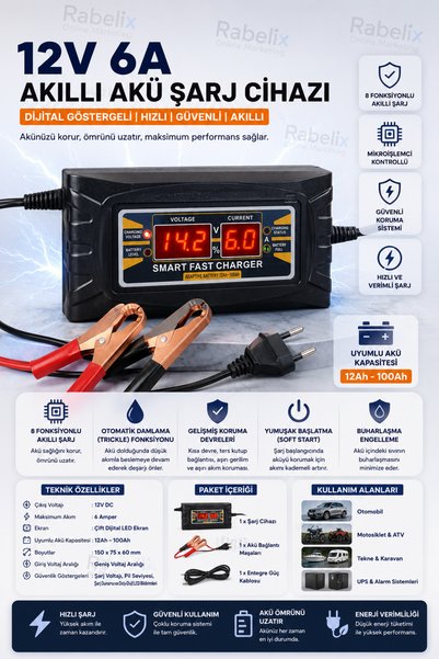 Rabelix Online Marketing Akıllı Akü Şarj Cihazı 12V 6A Dijital Göstergeli Otomobil Motosiklet Tekne Aküsü Şarj Aleti