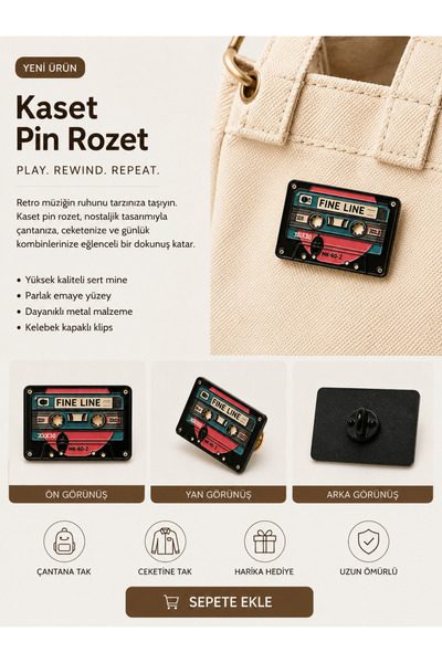 Papeit Kaset Metal Pin Rozet Broş Bijuteri