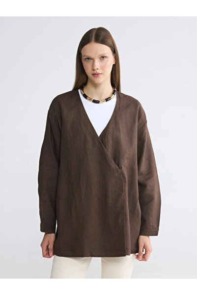 LC Waikiki Brown Double-Breasted Collar Women's Linen Kimono