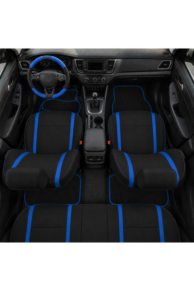 CarGuard Set complet interior auto CARGUARD, huse scaune + husa volan + covorase textile, negru/albastru