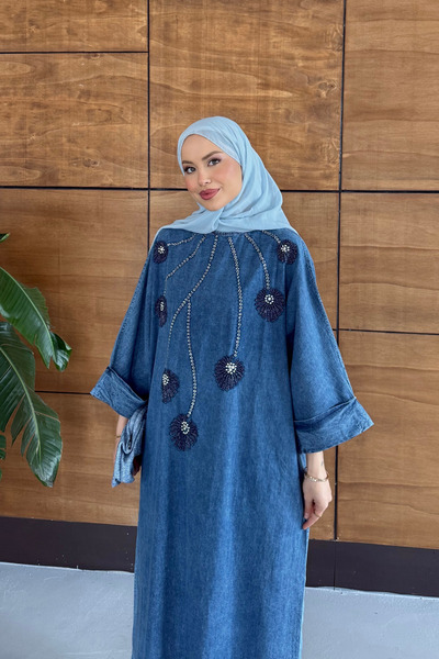 Miss Allos Women's Beaded Embroidered Bat Sleeve Denim Dress