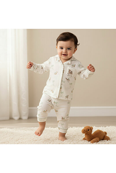 Juniors Cotton Collared Neck Long Sleeve Pyjama Set with Camel Print