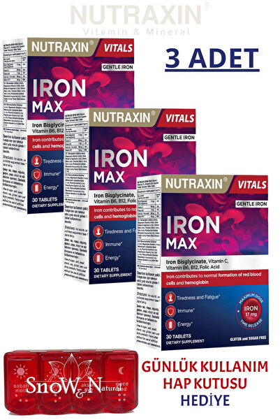 Nutraxin Iron Max Bisglycinate Formula Iron-Vitamin C-Vitamin B6-Folic Acid-V...