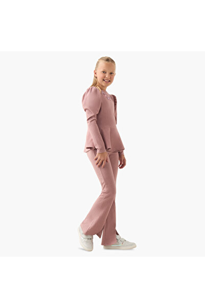 Juniors Crew Neck Long Sleeves Peplum Top and Pants Set with Ribbed Texture