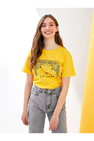 LC Waikiki Tricou de damă din bumbac, cu mânecă scurtă, imprimat, cu guler ro...