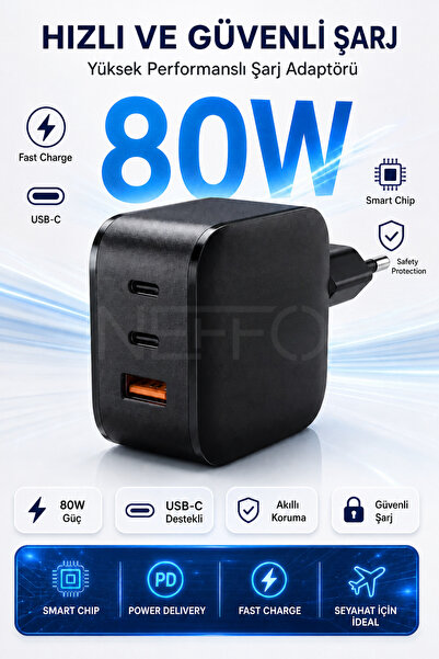 NEFFO 80W Çift Portlu 2X USB-C USB-A Girişli Akıllı Hızlı Şarj Adaptörü