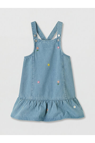 LC Waikiki Rochie salopetă din denim pentru fete, brodată cu flori