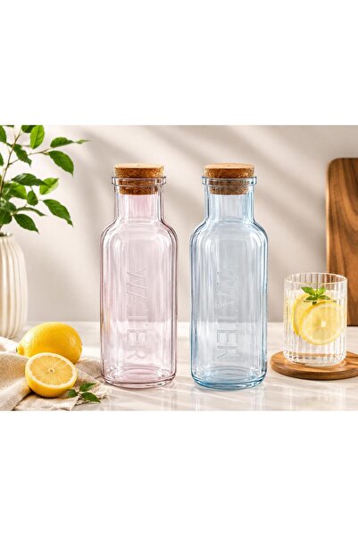 CİHO 2 li Pembe -Turkuaz Cam Sürahi 1000 ml 1 Litre Mantar Kapaklı Sürahi Karaf