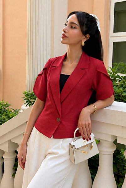 armonika Women's Red Sleeve Slit Detailed Crop Short Sleeve Jacket Arm-24Y001048