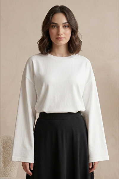SADEL Bisiklet Yaka Detaylı Oversize Bluz - Beyaz