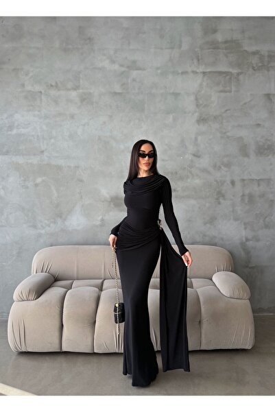 Vooz Women's Black Draped Detailed Long Sleeved Long Evening Dress