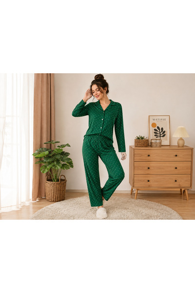 SERPİL Kadın Yeşil Puantiyeli Pijama Takımı Uzun Kollu Düğmeli Rahat Ev Giyim