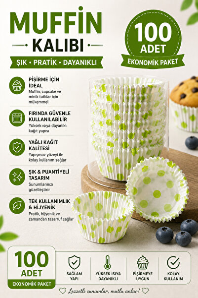 KEA 100 Adet Yeşil Puantiyeli Kağıt Muffin Kalıbı Cupcake Kek Pişirme Kalıbı ...