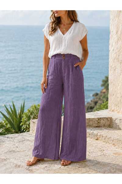 Butik Şans Women's Button Detailed Pocketed Wide Leg Summer Cotton Trousers