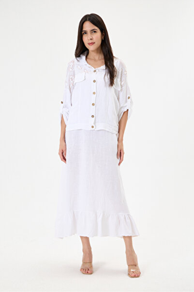 della moor White Italian 100% Linen 2-Piece Suit with Mesh on the Shoulder an...