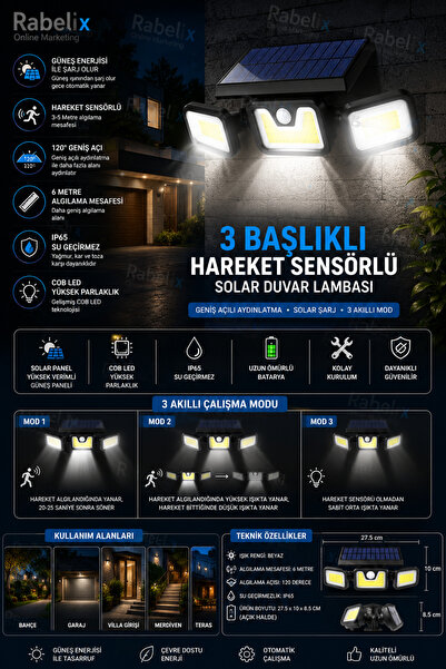 Rabelix Online Marketing 3 Başlıklı Hareket Sensörlü Solar Duvar Lambası 90 C...