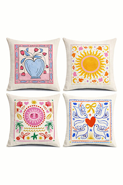 Bebişim Halı Colorful Bohemian Patterned Set of 4 Decorative Throw Pillow Cov...