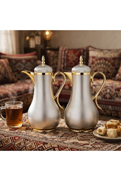 Lavera ترمس شاي وقهوة ستانلس - 1 لتر - تفاصيل راقية وفخمة - سيلفر مع ذهبي