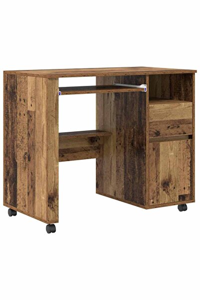 vidaxl Birou cu roți cu raft Lemn Vechi 91 x 50 x 77 cm Lemn compozit