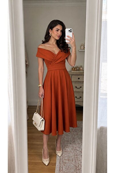 Lucky Line Milene Off-The-Shoulder Double-Breasted Collar Midi Length Scuba F...