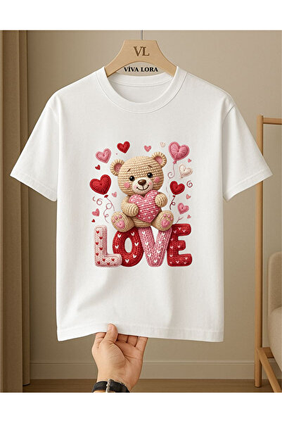 VİVA LORA Love Bear Printed Crew Neck 100% Cotton Regular Women's T-Shirt