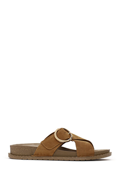 Derimod Women's Tan Buckle Suede Leather Slippers 26Sfd5022V3