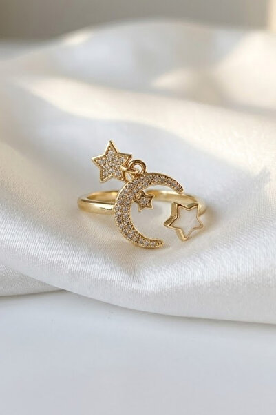 Elifsu Jewelry خاتم القمر والنجوم بتفاصيل ساحرة على شكل نجمة، خاتم ستارجيرل م...