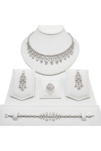 Generic Silver Tone CZ Chandelier Jewelry Set 4 Piece Necklace Earrings Ring ...