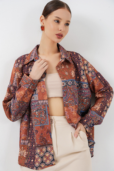 Merterium Women's Oversize Patterned Satin Shirt 1499 - Tile