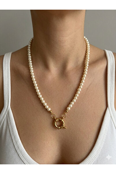 DİESMOONCO El Yapımı Gold Dümen Kilit Detaylı Kırık Beyaz İnci Kolye (50 cm)