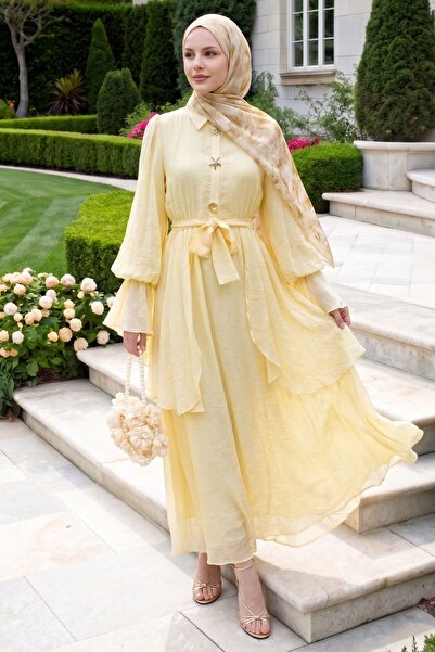 InStyle Ruffle Sleeve Light Yellow Dress with Gold Buckle