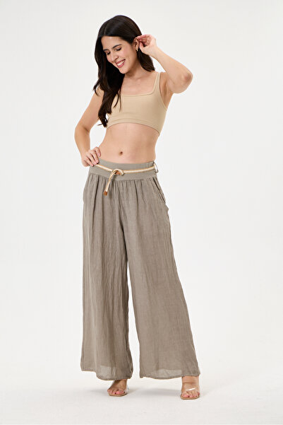 della moor Women's Mink Italian 100% Linen Belted Elastic Waist Wide Leg Pala...