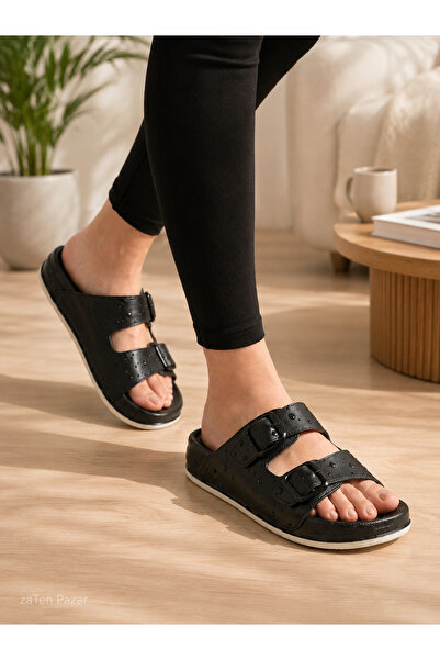 zaTen Pazar Women's Double Buckle Black Slippers Anatomical Sole Daily Comfor...