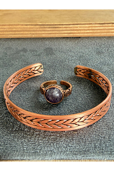 Rupen Kraft Handcrafted copper bracelet and natural stone ring set, adjustabl...