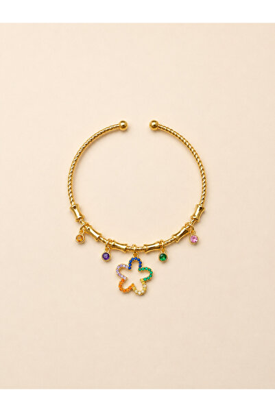 Lilith Takı Gold Plated Handcuff Bracelet with Colorful Clover Figure |   Ele...