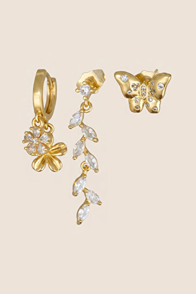 Hetra Gold Color Zircon Stone Leaf Branch and Butterfly 3-Piece Earring Set