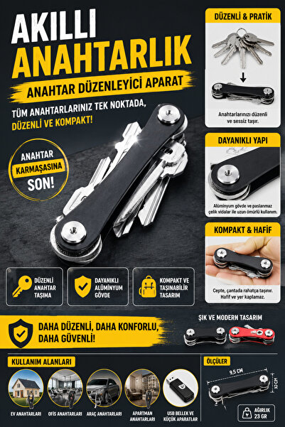 Hane Dostu Akıllı Anahtarlık Organizeri Alüminyum Gövdeli Kompakt Anahtar Düz...