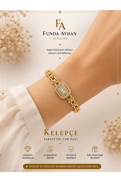 FTA TİCARET Funda Ayhan Zircon Stone Detailed Gold Handcuff Bracelet