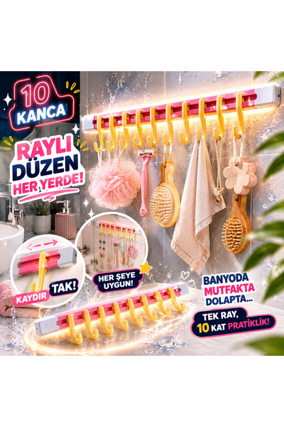Eşya Dünyası 10 Kancalı Raylı Askı 30 cm Yapışkanlı Mutfak Banyo Dolap İçi Dü...
