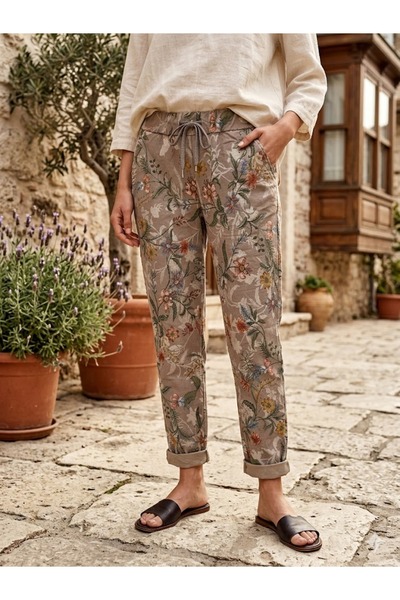 AYASOFYA OTANTIK Women's Italian Mink Waist-Tie Flower Patterned Skinny Trousers