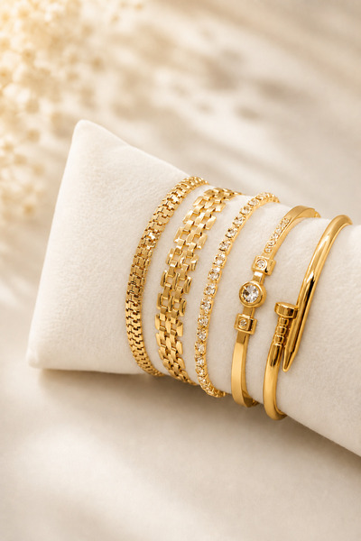 Crc Bijuteri Gold Color 5-Piece Zircon Stone Women's Bracelet