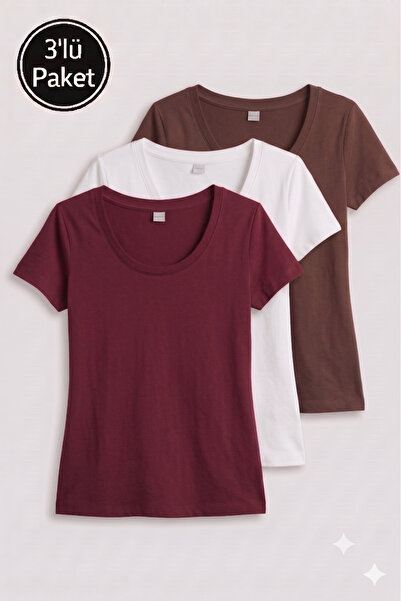 FHELIA Women's Cotton T-Shirt 3 Piece Set U Neck